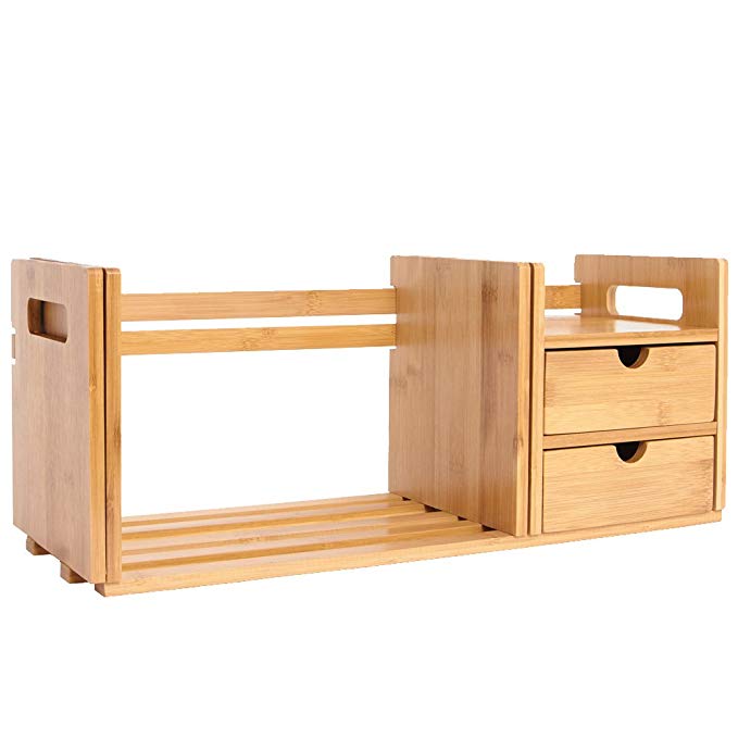 Adjustable Bamboo Desktop Storage Organizer Counter Display Shelf Desk Bookcase with Two Drawers for Home and Office MY1015 YUMU