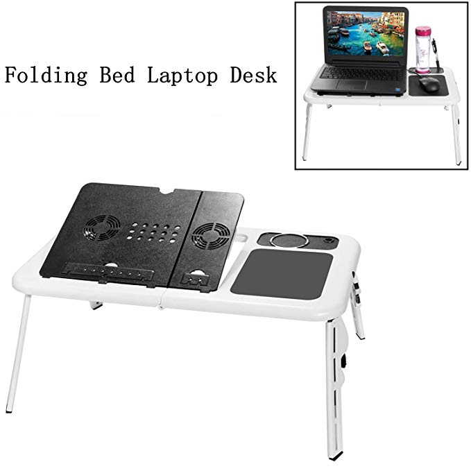 Benlet Folding Bed Laptop Desk with Adjustable Legs, Portable PC Table with 2 Cooling Fans and Mouse Pad(US Stock) (White)