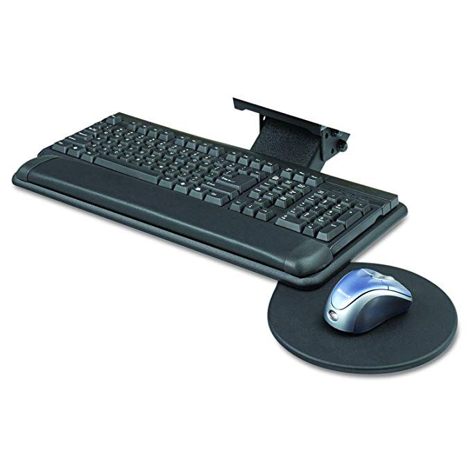 Safco Products Adjustable Keyboard Platform with Swivel Mouse Tray 2135BL Black, Ergonomic, Tucks Under Desk, Slim Design