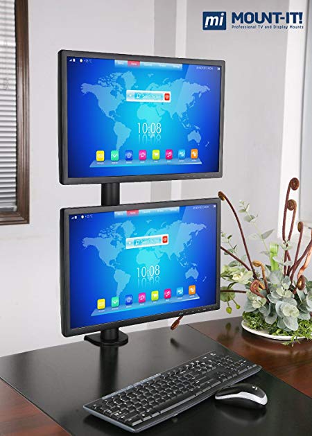 Mount-It! Dual Vertical Monitor Desk Mount, Vertical Array Fits 17 20 24 27 LCD LED Computer Screens, VESA 75x75 100x100, Black (MI-768)