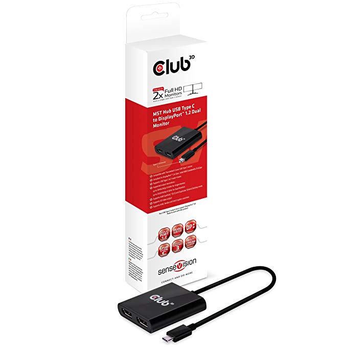 Club3D MST HUB USB TYPE C TO DISPLAY PORT 1.2 DUAL MONITOR SPLITTER CSV-1545, Black