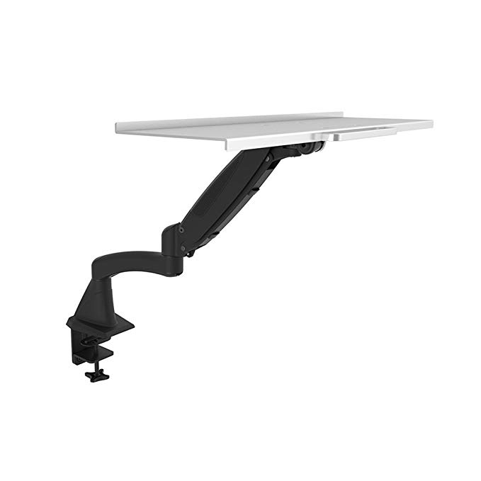 OLLO: Desk Mounted Gas Spring Monitor Mount with Keyboard tray, Snap-on quick Head, +90º/-85º Tilt, 180º Rotation, 0-18 Lbs. Each Arm, Black, Fits Most 15-27