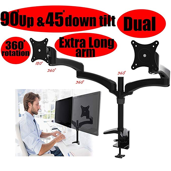 2xhome - New Extra Long Dual Extension Arms 3 Way Three-sectioned Ergonomic Fully Easy Height Adjustable Articulating Flex Tilting Retractable Black Desk Pole Mount Bracket Desktop Flat Panel Clamp Stand for Double LCD LED for Standard or Widescreen Monitors Pull Out Swing Swivel Arm 360° Rotation 180° Swivel Home Office Space Saving Design Display Tilt 90 Degrees up & 45 Degree Down Holds 2 Screens(max 20 Lbs, Screen Size 15” to 27” Inches