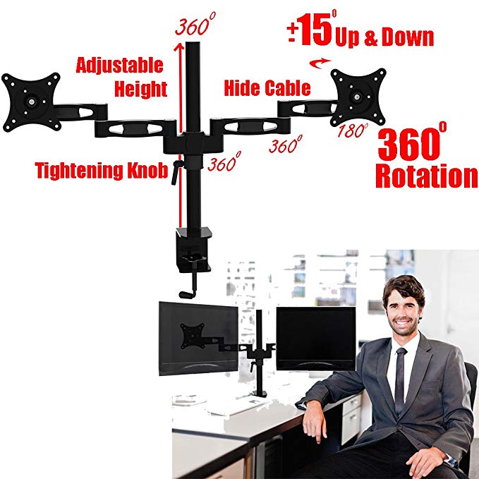 2xhome - New 3 Way Dual Arm Three-sectioned Ergonomic Fully Height Adjustable Easy Articulating Flex Extension Arm Tilting Retractable Black Desk Desktop Pole Mount Bracket