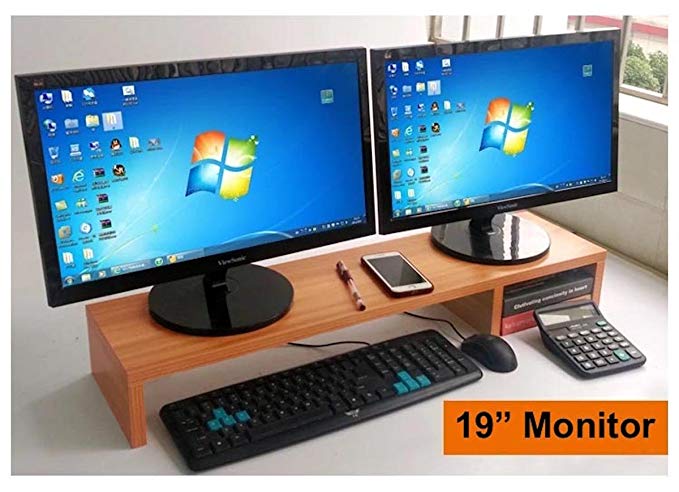 31.5 Inch Very Large Computer Monitor Riser Or Laptop Stand. It Is A Long Sturdy Dual Double Or Multi Desktop Monitor Screen Riser (Brown Color, Height: 5.9