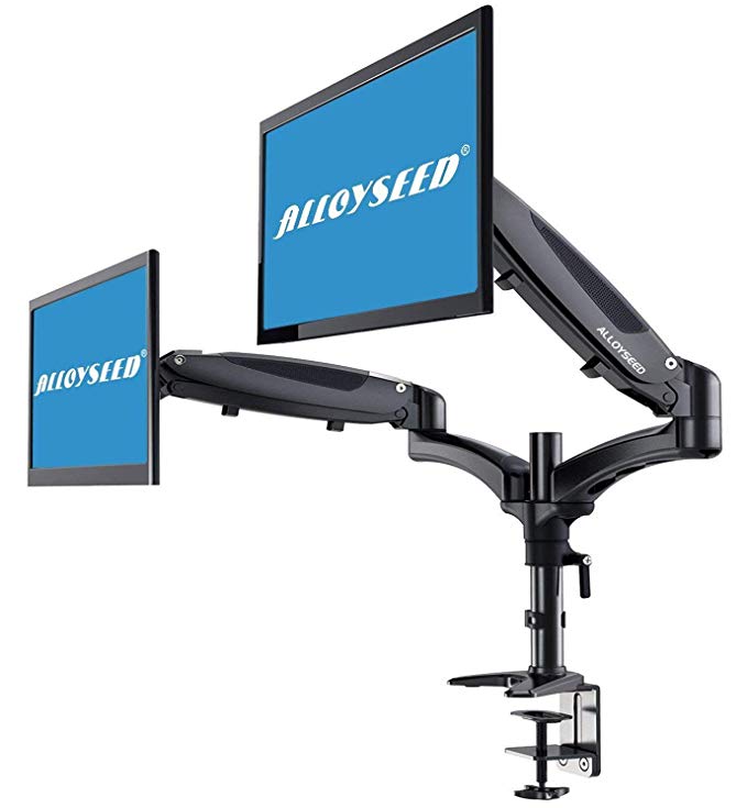 Dual Monitor Mount Stand, Alloyseed Full Motion Gas Spring Arm Adjustable Computer Screen Stand Riser, for Two 15 to 27 Inch LCD Screens