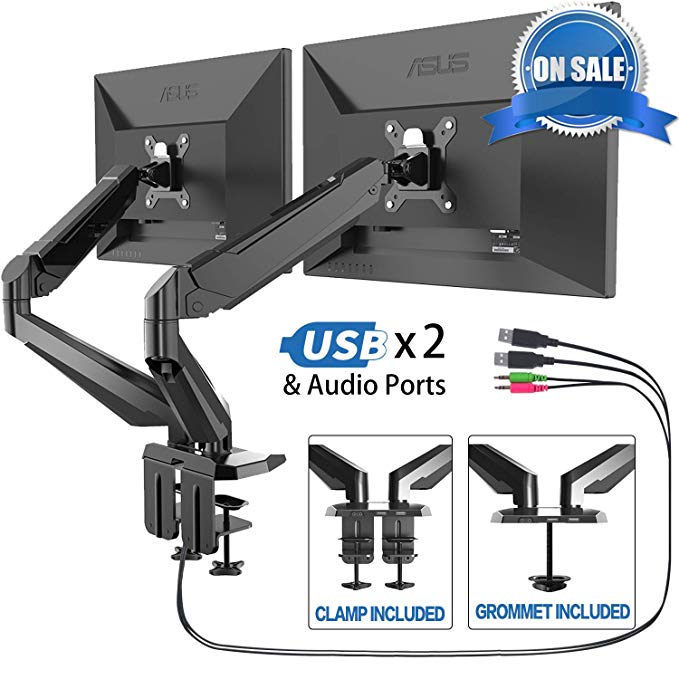 Dual Arm Monitor Stand - FEZIBO Adjustable Full Motion Monitor Mount Monitor Arm, C Clamp/Grommet Mount for 2 Screens from 17