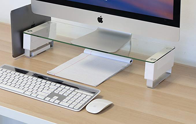 Mount-It! Glass Monitor Stand Computer Desktop Riser, Clear Tempered Glass Brushed Aluminum Legs, Fits 24, 27, 30, 32 Inch Screens, 66 Lbs Capacity