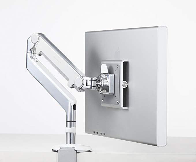 Humanscale M2 M2DW1S Adjustable Articulating Computer Monitor Arm - Both Mounts Clamp and Bolt Through Mount with Base - Polished Aluminum with White Trim