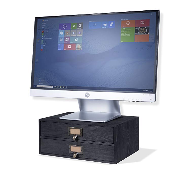Wallniture Home Office Desk Organizer - Wooden 2 Drawer Under Monitor Stand - Printer Platform - Paper Holder Black