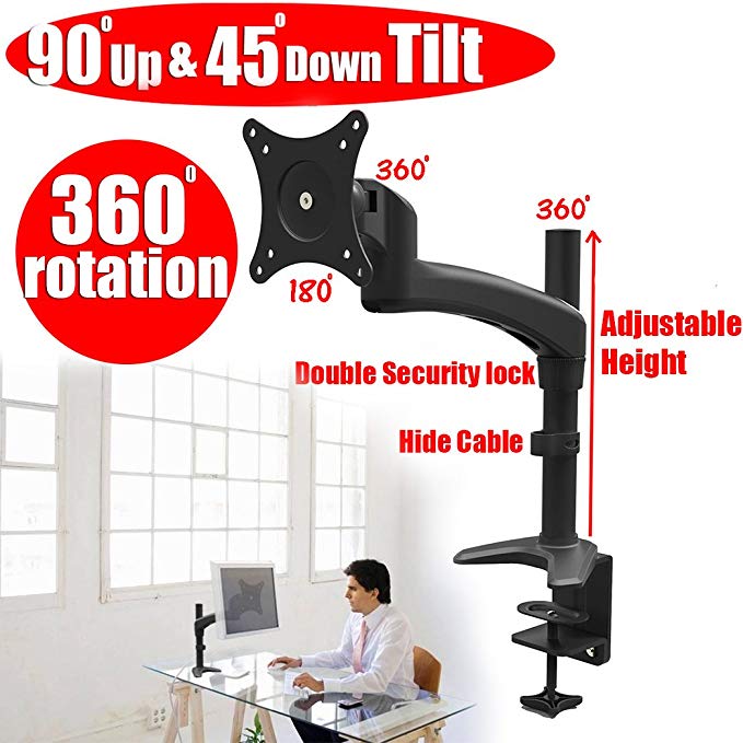 2xhome -New Ergonomic Fully Height Adjustable Easy Articulating Tilting Black Desk Pole Mount Bracket Desktop Flat Panel Clamp Stand for Single LCD LED for Standard or Widescreen Monitor