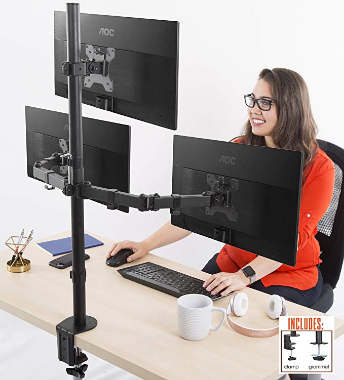 Stand Steady 3 Monitor Desk Mount Stand | Height Adjustable Triple Monitor Stand with Full Articulation and Desk Clamp | VESA Mount Fits Most LCD/LED Monitors 13-32 Inches (3 Arm Clamp)