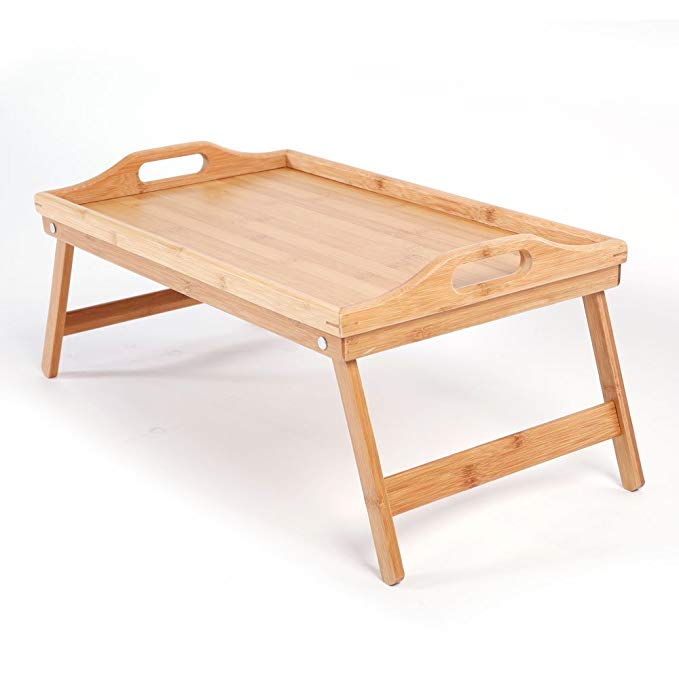 Bonnlo Natural Bamboo Folding Bed Tray Table/ Breakfast Tray Table/ Serving Table/ Laptop Desk with Foldable Legs And Handles Used as Tray or Table